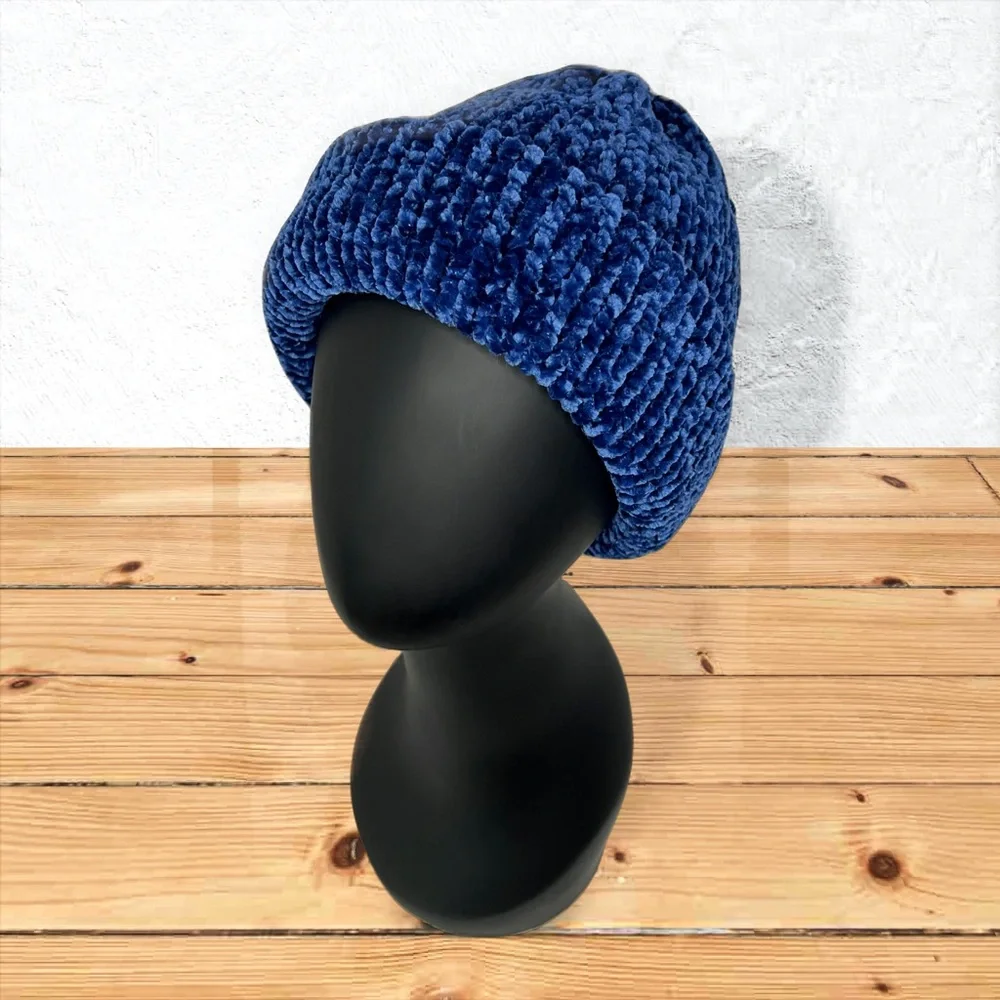 Handmade Super Soft Velvet Knit Beanie Handcrafted Hat Navy - Picture 9 of 11